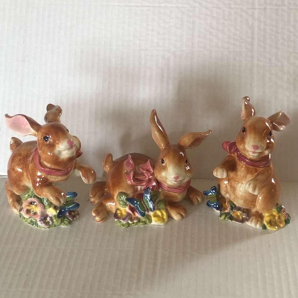 3 Ceramic Easter Bunnies Rabbit Floral Butterfly